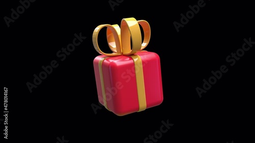 3d render of a red box gift whit yellow ribbon, 360° loop animation whit alpha channel, shiny materials