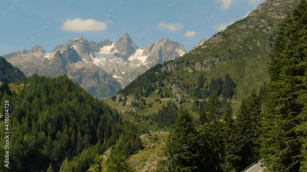 Aerial drone view of Susten Pass Swiss Alps Switzerland highway on a beautiful sunny day during summer Aerial drone view of Susten Pass Swiss Alps Switzerland highway on a beautiful sunny day during summer