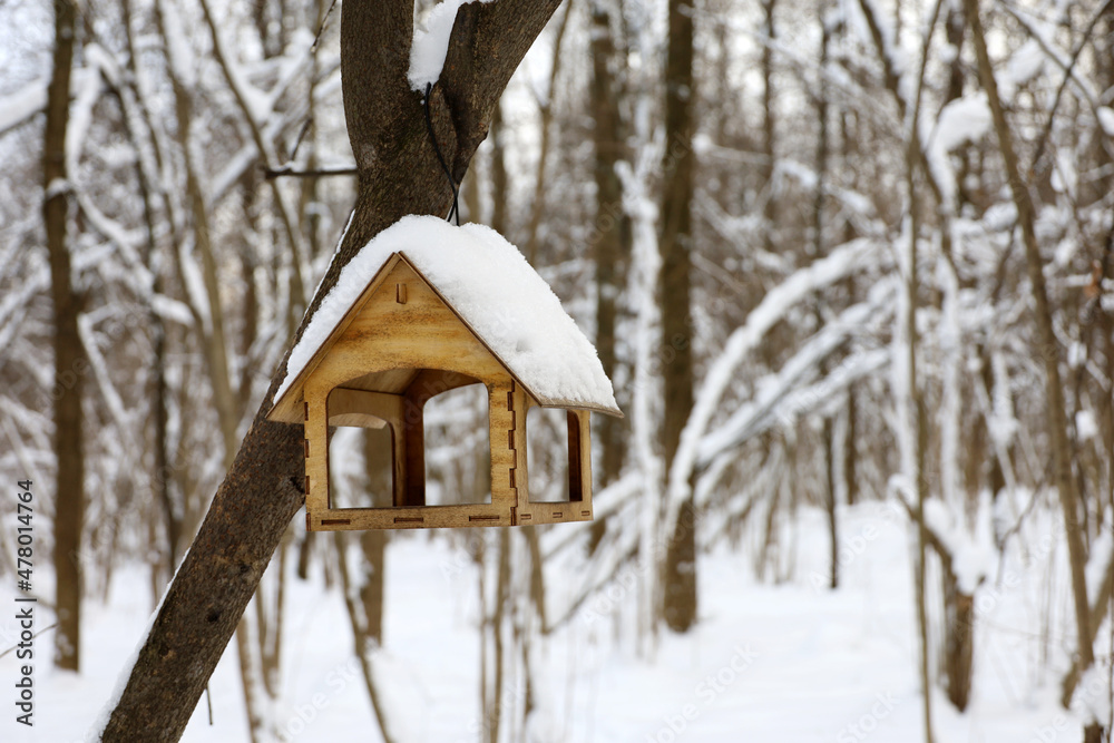 Wooden bird feeder in winter forest. Help the animals in cold season Wooden bird feeder in winter forest. Help the animals in cold season