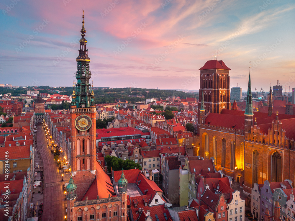A warm summer day above the Old Town in Gdańsk. Aerial photo of the monuments of this old town.