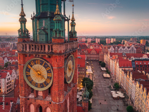 A warm summer day above the Old Town in Gdańsk. Aerial photo of the monuments of this old town.