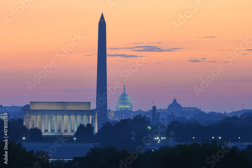 Washington D.C. skyline at night with major monuments in view - Washington D.C. United States of America	 photo