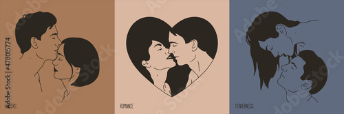 Couple in love. Romantic lovers portrait. Heart frame. Linear face set