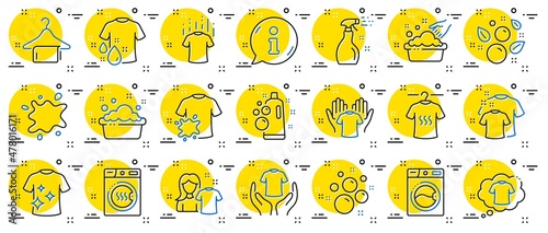 Laundry line icons. Dryer, Washing machine and dirt shirt. Laundromat, hand washing, soap bubbles in basin icons. Dry t-shirt, laundry service, dirty smudge spot. Clean clothes. Vector