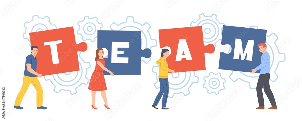 Team word puzzle. Employees group assemble color puzzle, business partners joint activities, mutually beneficial cooperation, men and women teamwork, vector cartoon flat isolated concept
