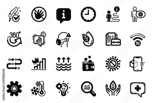 Vector Set of Science icons related to Cogwheel, Organic product and Medical chat icons. Medical mask, Do not touch and Growth chart signs. Info bubble, journey path. Cogwheel isolated sign. Vector