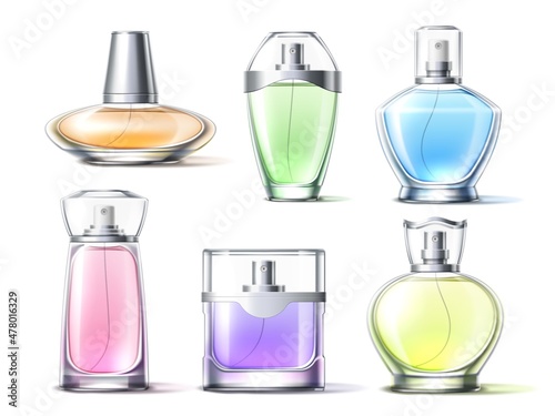 Color perfume in glass bottles. Realistic fragrance packaging design, different shape vials with spray and shaped lids, isolated colognes luxury containers, vector isolated set