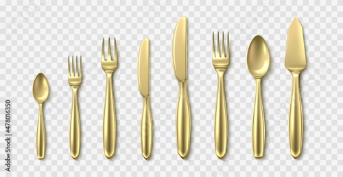 Golden 3d cutlery. Realistic spoons, forks and knives, luxury cutlery, yellow metal top view tableware, serving table dining utensils, restaurant and cafe serving elements vector isolated set