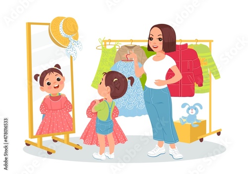 Kids clothing store. Mom helps daughter in fitting room. Fashionable girl choosing dress. Family buying garment. Customer looking in mirror. Children boutique. Vector shopping concept