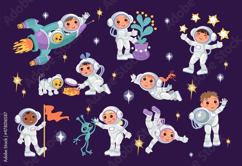 Kids astronauts. Little boys and girls cosmonauts. Happy children in outer space with dog or plant. Spaceman characters fly on cosmic rocket. Stars and alien. Vector universe explorers set