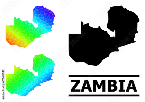 Vector low-poly spectral colored map of Zambia with diagonal gradient. Triangulated map of Zambia polygonal illustration.