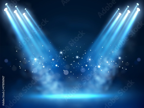 Illuminated stage and blue smoke. Night lightning in fog. Searchlight beams. Presentation 3D platform with mist and spotlight ray. Glowing particles. Scene illumination. Vector background