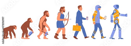 Man evolution. Human development stages. Primate and historical ancestor. Worker or android. People progress. Sequence from monkey to robot. Vector mankind intermediate evolve steps set photo