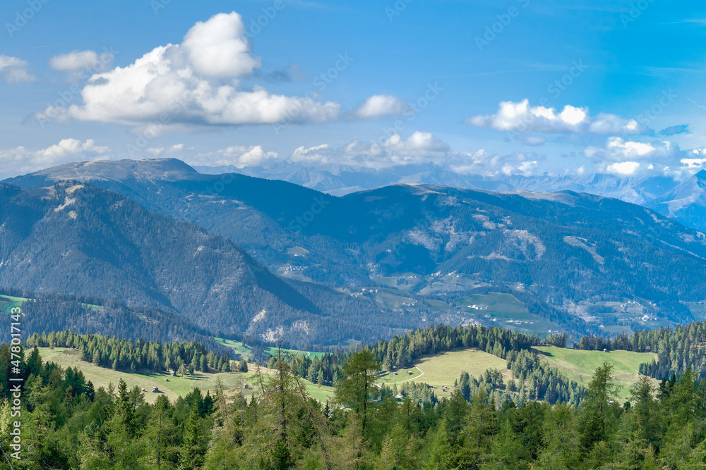 Overlooking the Puez-Geisler nature park mountains in the Dolomites