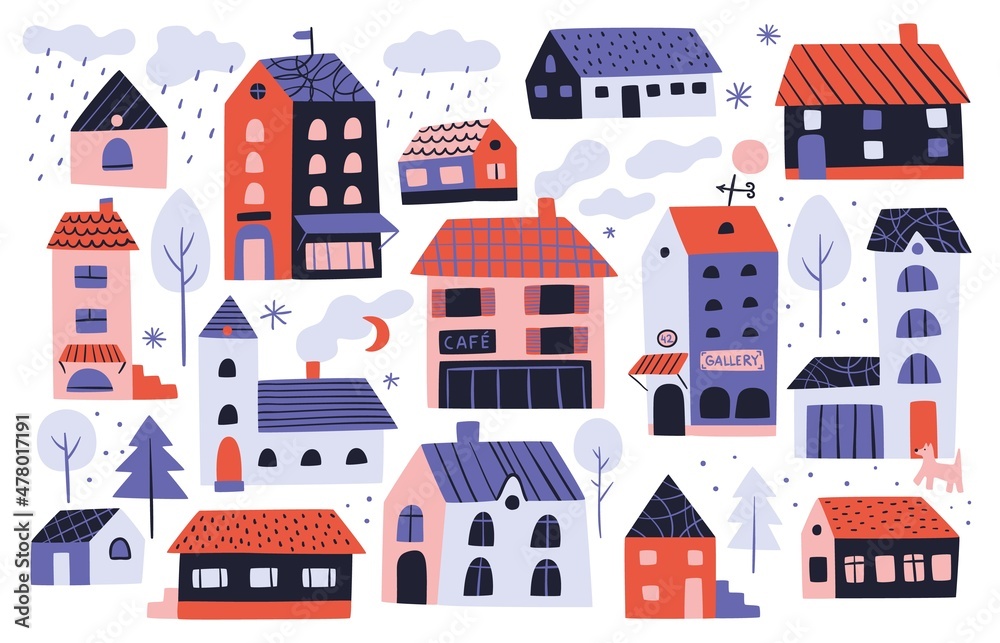 Small houses. Cute cottages. Different little cabins. Village buildings. Trendy design colored facade. Doodle real estate. Tiny childish homes and trees. Vector residential properties set
