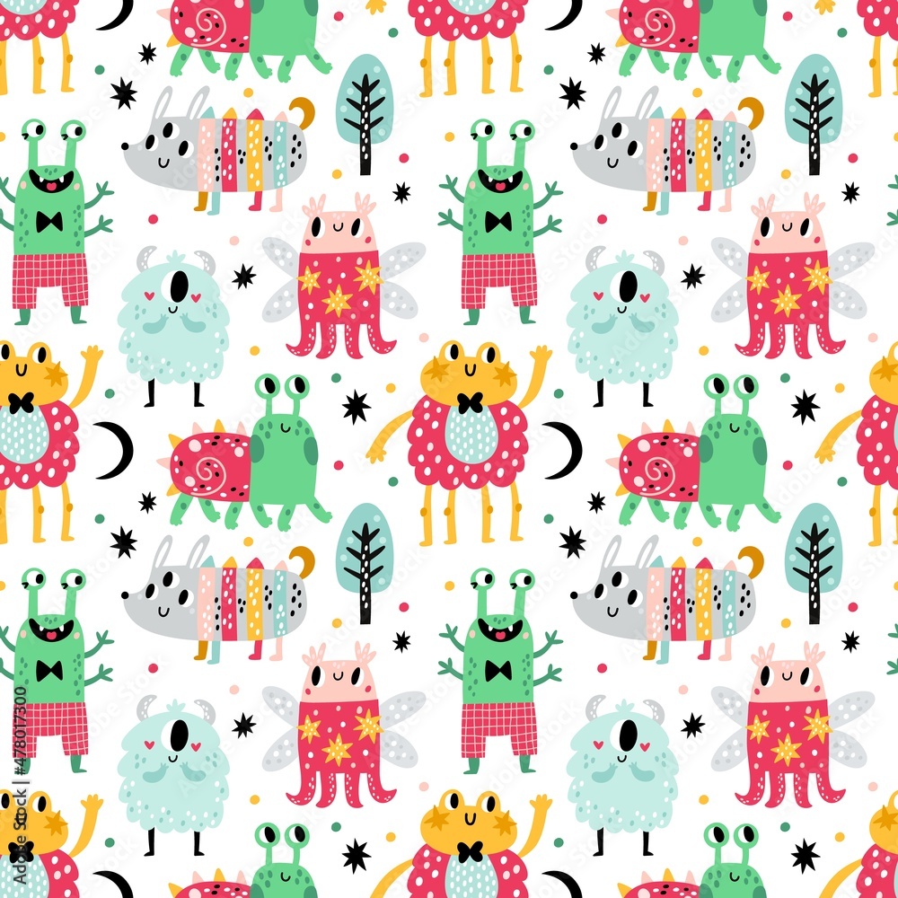 Seamless monsters pattern. Kids trendy cartoon characters, funny comic strange creatures, repeated colored cute aliens on white background. Decor textile, wrapping paper, vector print Seamless monsters pattern. Kids trendy cartoon characters, funny comic strange creatures, repeated colored cute aliens on white background. Decor textile, wrapping paper, vector print