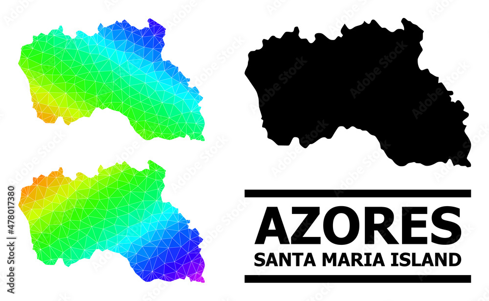 Vector lowpoly rainbow colored map of Santa Maria Island with diagonal gradient. Triangulated map of Santa Maria Island polygonal illustration.