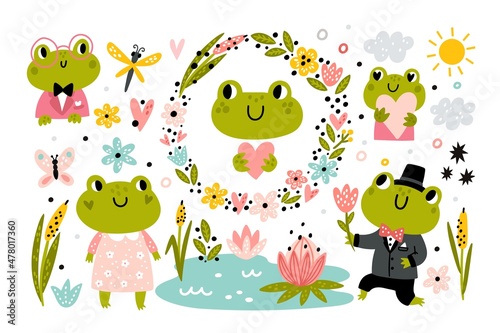 Funny frogs pond. Cartoon amphibian. Lotus flowers and reeds. Floral wreath. Dragonfly insects. Clouds and sun. Toads in clothes. Aquatic animals romantic couple. Vector swamp elements set