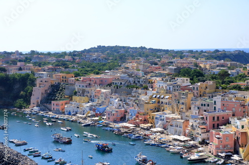 view from above to the beautiful Marina di Procida  Island between naples and Ischia  Italy