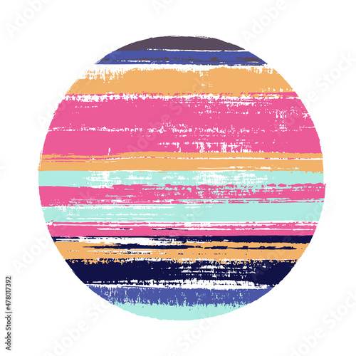 Abrupt circle vector geometric shape with stripes texture of ink horizontal lines. Disc banner with old paint texture. Emblem round shape circle logo element with grunge stripes background.