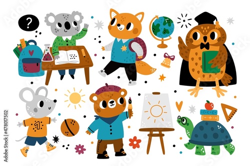 Cute school animals. Kids cartoon characters with educational supplies. Students study or paint. Wise owl in mantle. Turtle with books. Mouse play with soccer ball. Vector creatures set © VectorBum