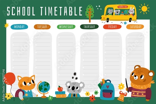 School animals timetable. Educational week planner. Students characters. Koala with books. Primary school document. Studying bear and fox. Graduation certificate and diploma. Vector concept