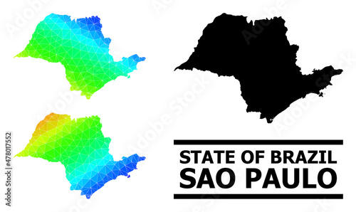 Vector lowpoly spectrum colored map of Sao Paulo State with diagonal gradient. Triangulated map of Sao Paulo State polygonal illustration.