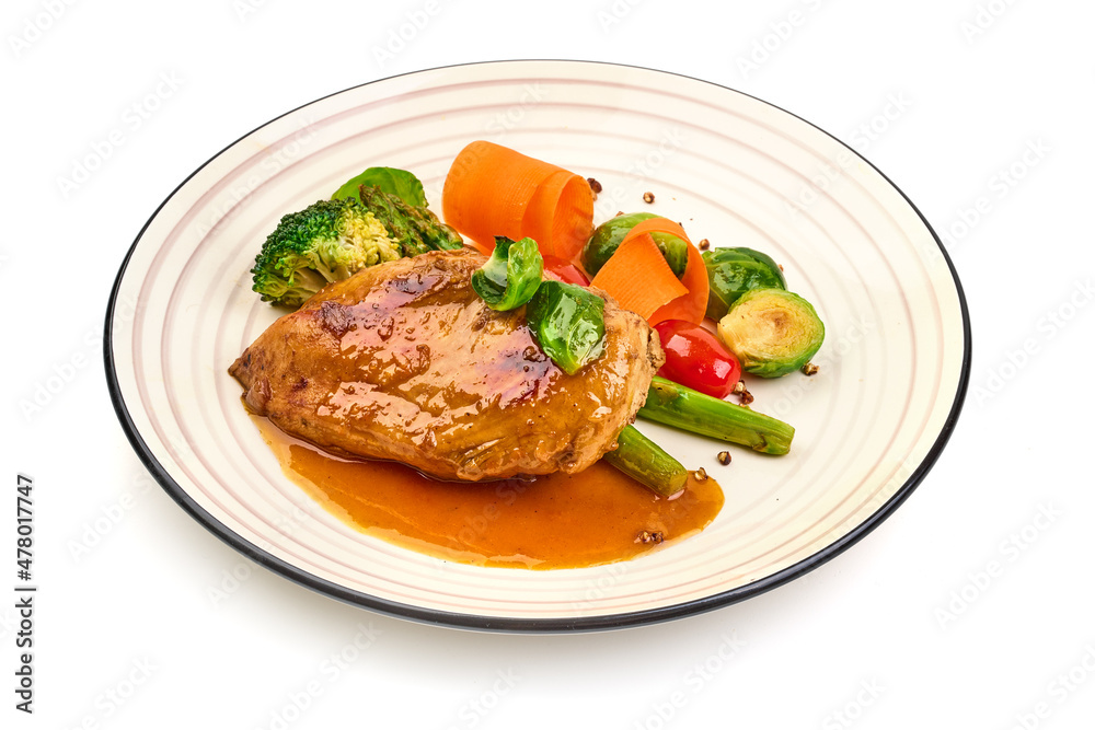 Grilled chicken breast with vegetables. Healthy food, isolated on white background. Grilled chicken breast with vegetables. Healthy food, isolated on white background.