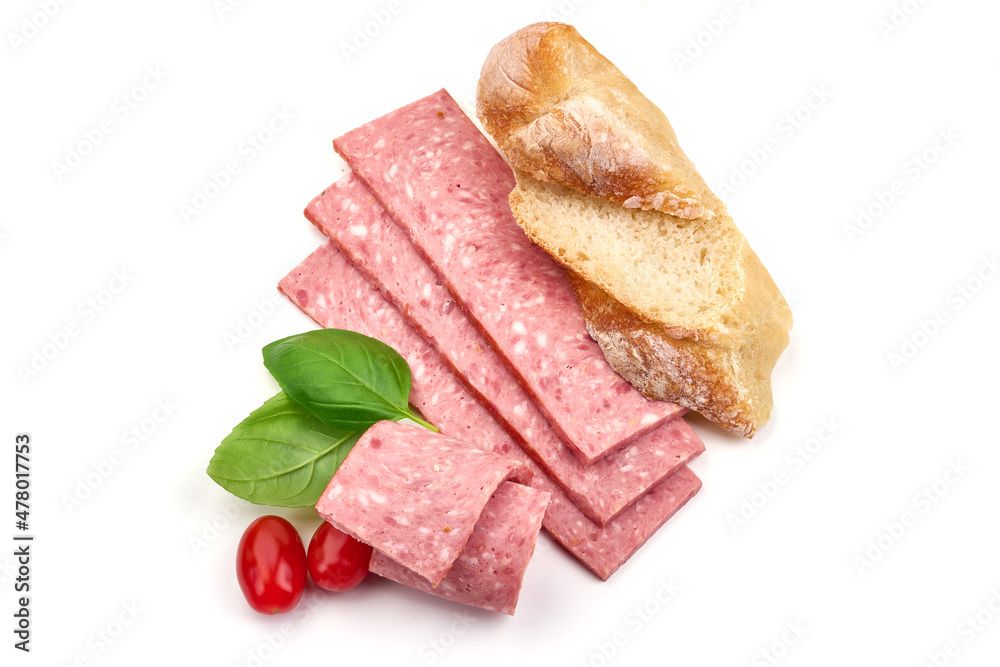 Salami sausage slices, isolated on white background.