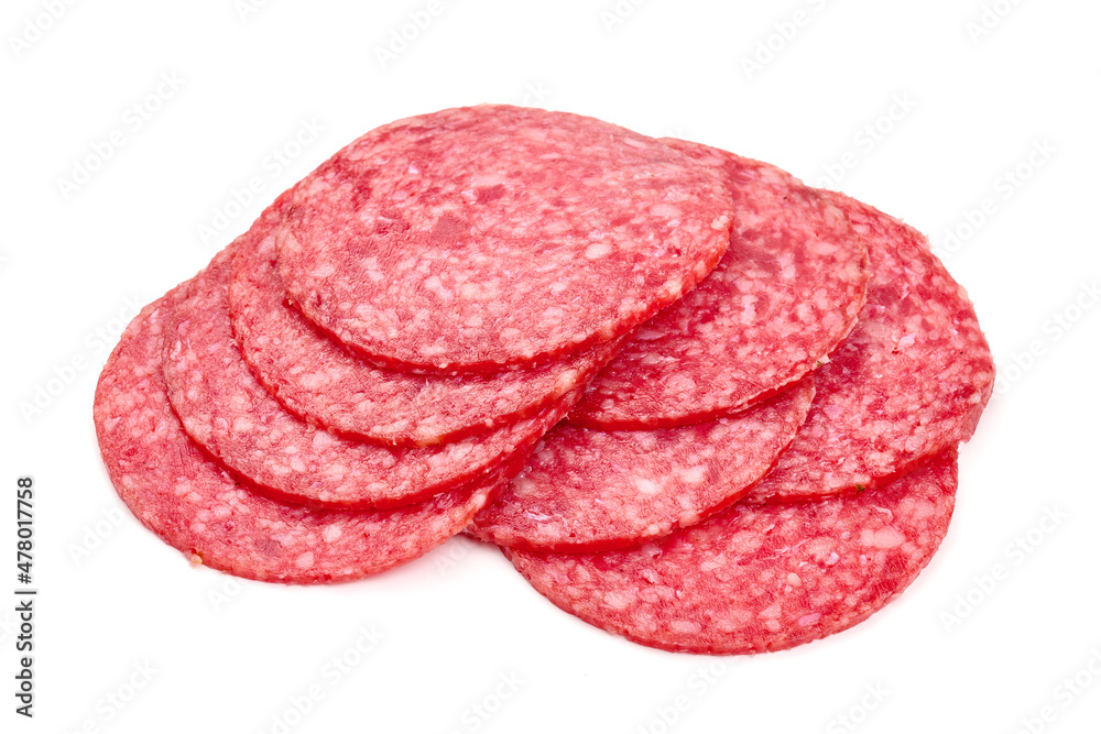 Smoked salami slices, isolated on white background. Smoked salami slices, isolated on white background.