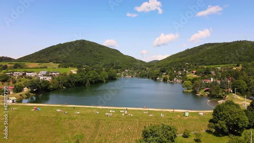 Aerial view of a lake in the village of Bansky Studenec in Slovakia photo