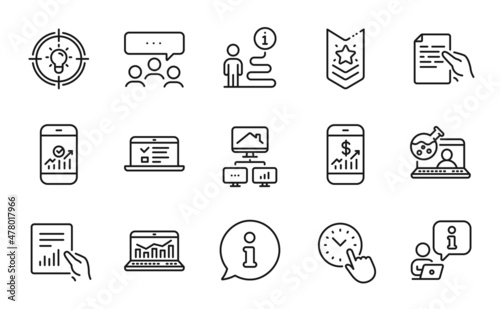 Education icons set. Included icon as Meeting, Document, Work home signs. Smartphone statistics, Web analytics, Idea symbols. Web lectures, Mobile finance, Hold document. Shoulder strap. Vector