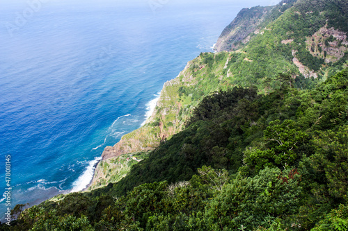 View of the coast of the sea from the mountains, in Funchal, Madeira Mountains and sea
