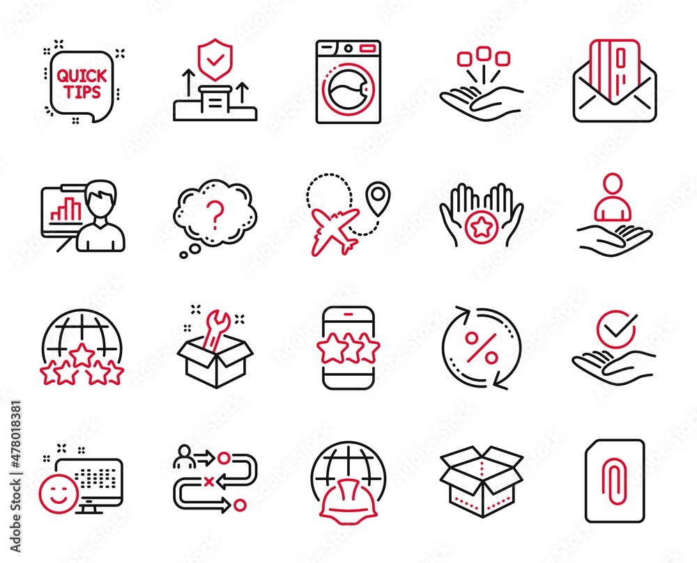 Vector Set of Technology icons related to Global engineering, Open box and Favorite icons. Airplane, Loan percent and Attachment signs. Spanner, Question mark and Journey path. Quick tips. Vector
