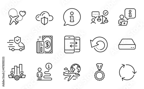 Fototapeta Naklejka Na Ścianę i Meble -  Business icons set. Included icon as Lawyer, Mini pc, Honeymoon travel signs. Medal, Phone communication, Recovery data symbols. Payment, Transport insurance, Cloud protection. Recycling. Vector