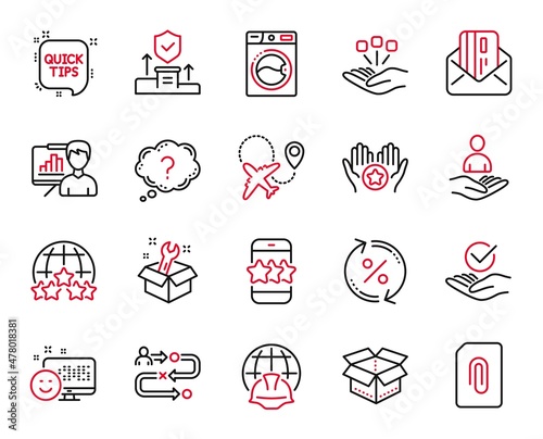 Vector Set of Technology icons related to Global engineering, Open box and Favorite icons. Airplane, Loan percent and Attachment signs. Spanner, Question mark and Journey path. Quick tips. Vector