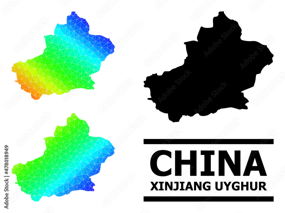 Vector low-poly rainbow colored map of Xinjiang Uyghur Region with diagonal gradient. Triangulated map of Xinjiang Uyghur Region polygonal illustration.