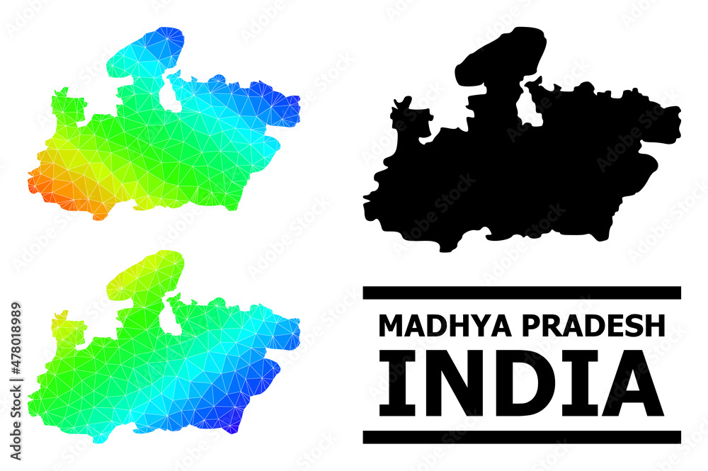 Vector lowpoly spectral colored map of Madhya Pradesh State with diagonal gradient. Triangulated map of Madhya Pradesh State polygonal illustration.