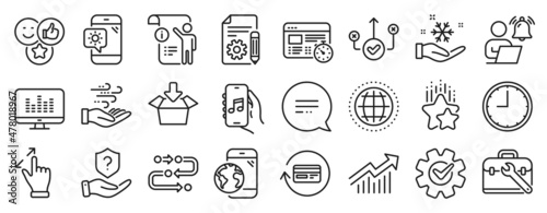 Set of Technology icons, such as Touchscreen gesture, Get box, Mobile internet icons. Refund commission, Music making, Freezing signs. Documentation, Globe, Weather phone. Music app, Time. Vector