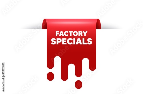 Factory specials text. Red ribbon tag banner. Sale offer price sign. Advertising discounts symbol. Factory specials sticker ribbon badge banner. Red sale label. Vector