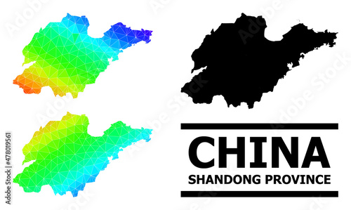 Vector lowpoly spectrum colored map of Shandong Province with diagonal gradient. Triangulated map of Shandong Province polygonal illustration.