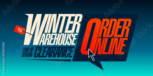 Winter warehouse end of season clearance, order online, vector sale web banner