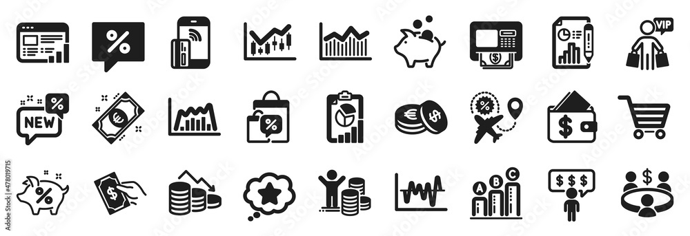 Set of Finance icons, such as Loyalty star, Money diagram, Vip shopping icons. Wallet, Market sale, New signs. Budget profit, Graph chart, Savings. Sale bags, Web report, Piggy bank. Atm. Vector Set of Finance icons, such as Loyalty star, Money diagram, Vip shopping icons. Wallet, Market sale, New signs. Budget profit, Graph chart, Savings. Sale bags, Web report, Piggy bank. Atm. Vector