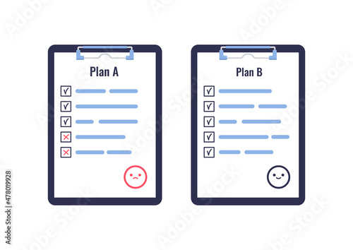 Plan A vs B on clipboard concept with sad and happy face. Failed plan A change to alternative strategy on checklist. Flat design vector illustration of planning and reality.