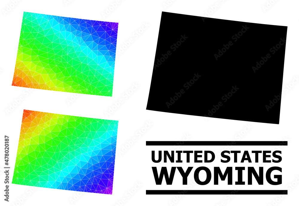 Naklejka premium Vector lowpoly rainbow colored map of Wyoming State with diagonal gradient. Triangulated map of Wyoming State polygonal illustration.