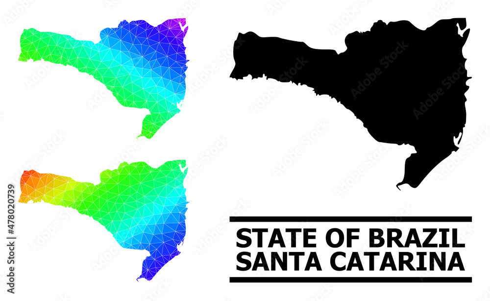 Vector lowpoly rainbow colored map of Santa Catarina State with diagonal gradient. Triangulated map of Santa Catarina State polygonal illustration.