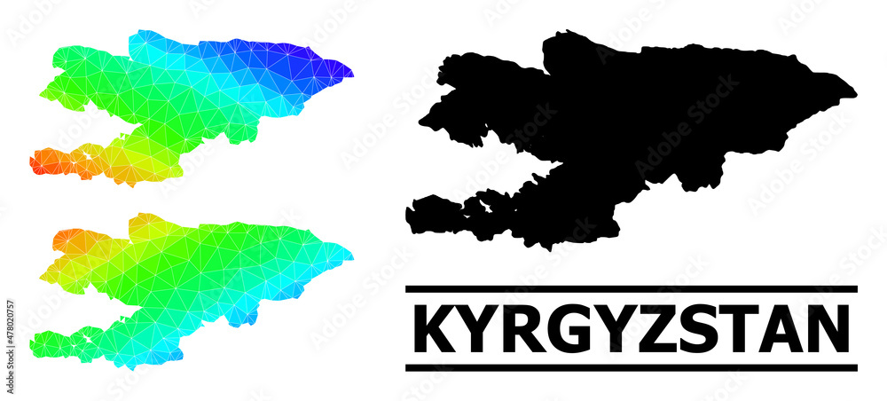 Vector low-poly spectrum colored map of Kyrgyzstan with diagonal gradient. Triangulated map of Kyrgyzstan polygonal illustration.