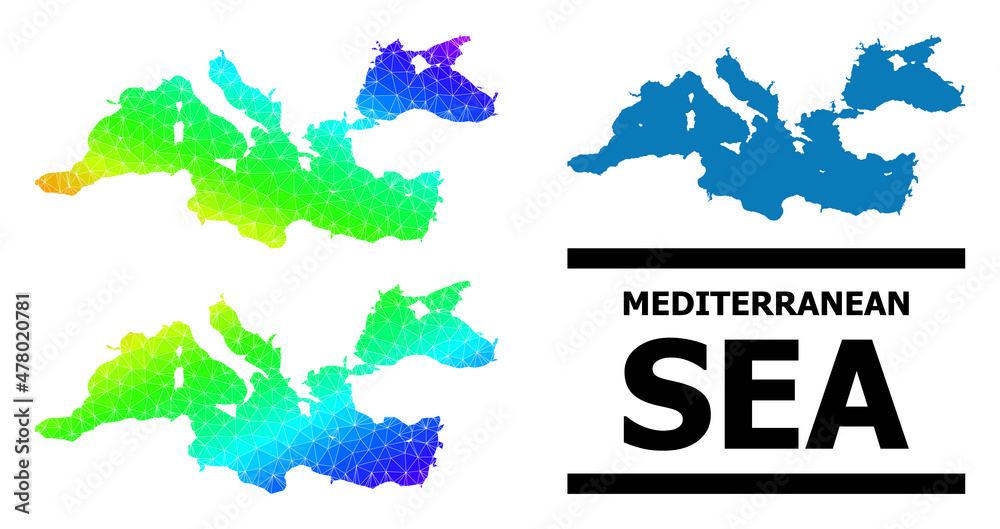 Vector low-poly spectrum colored map of Mediterranean Sea with diagonal gradient. Triangulated map of Mediterranean Sea polygonal illustration.