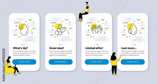 Vector Set of Nature icons related to Vitamin e, Christmas holly and Safe water icons. UI phone app screens with people. Leaf dew line symbols. Oil drop, Ilex aquifolium, Hold drop. Vector