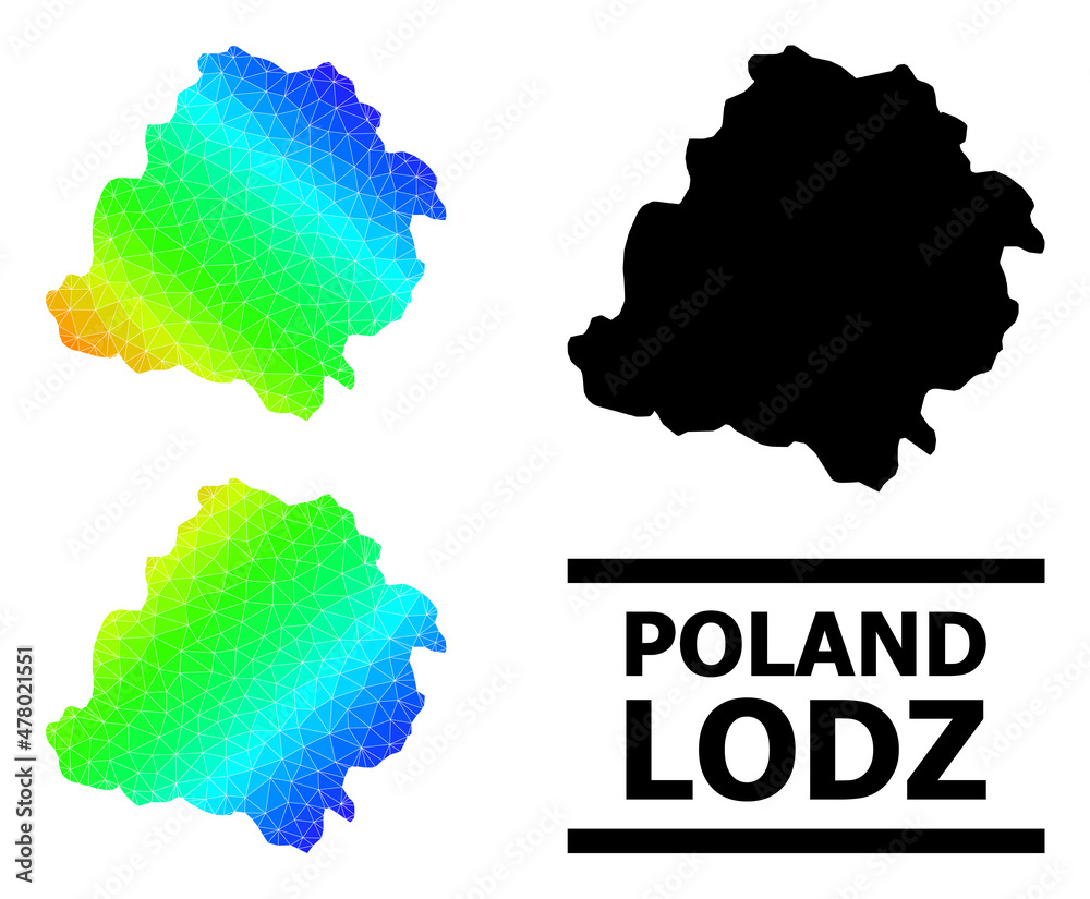 Vector low-poly spectrum colored map of Lodz Province with diagonal gradient. Triangulated map of Lodz Province polygonal illustration.